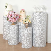 5 Sequin Mesh Cylinder Display Box Stand Covers with Leaf Vine Embroidery
