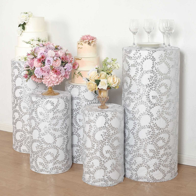 5 Sequin Mesh Cylinder Display Box Stand Covers with Leaf Vine Embroidery