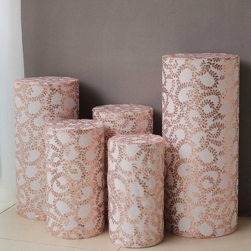 5 Sequin Mesh Cylinder Display Box Stand Covers with Leaf Vine Embroidery