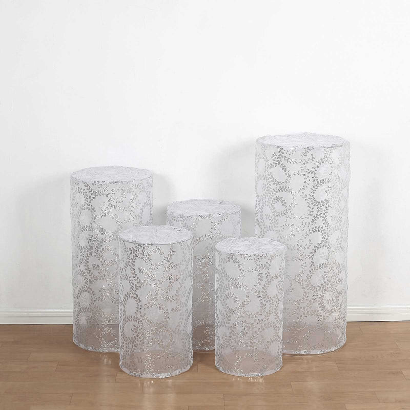 5 Sequin Mesh Cylinder Display Box Stand Covers with Leaf Vine Embroidery