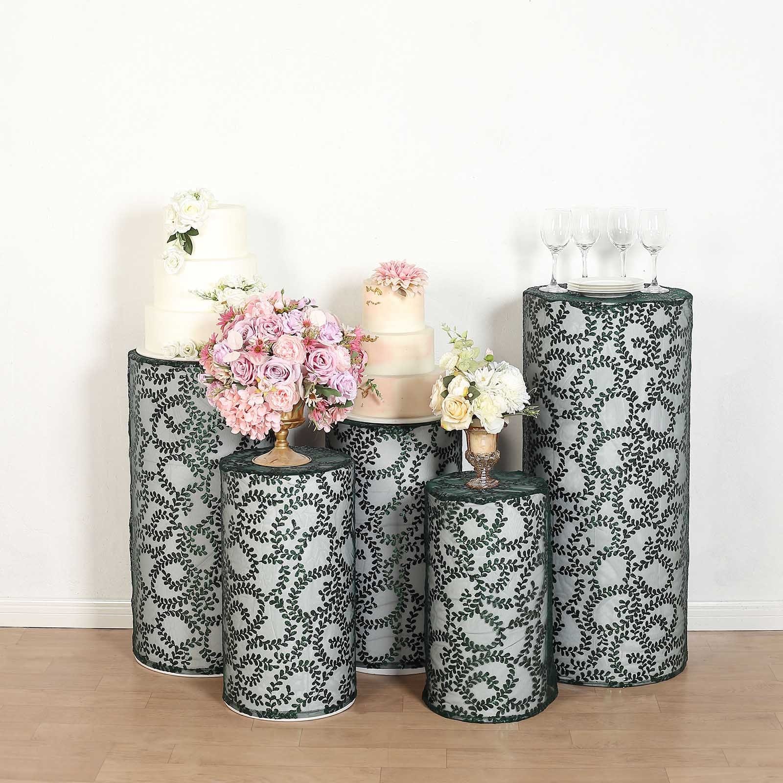 5 Sequin Mesh Cylinder Display Box Stand Covers with Leaf Vine Embroidery