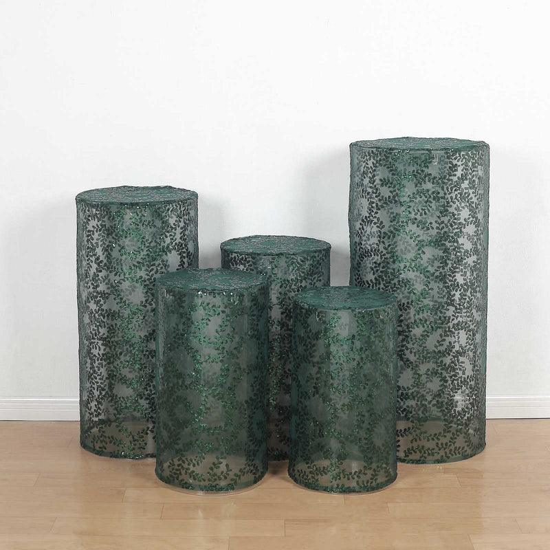 5 Sequin Mesh Cylinder Display Box Stand Covers with Leaf Vine Embroidery