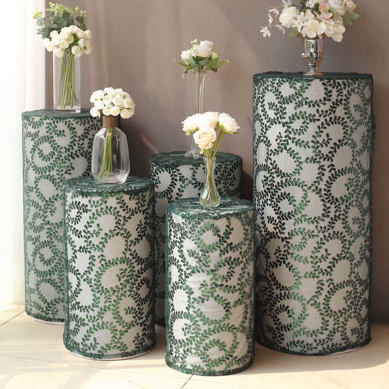 5 Sequin Mesh Cylinder Display Box Stand Covers with Leaf Vine Embroidery