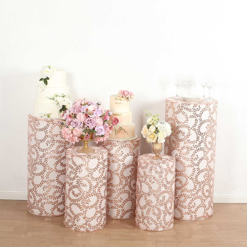 5 Sequin Mesh Cylinder Display Box Stand Covers with Leaf Vine Embroidery