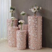 5 Sequin Mesh Cylinder Display Box Stand Covers with Leaf Vine Embroidery
