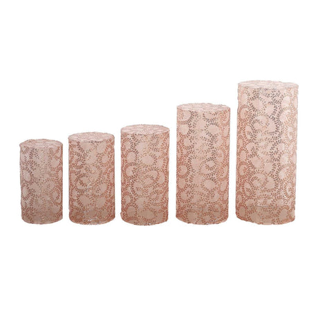 5 Sequin Mesh Cylinder Display Box Stand Covers with Leaf Vine Embroidery PROP_BOX_006_02_FLOR_054
