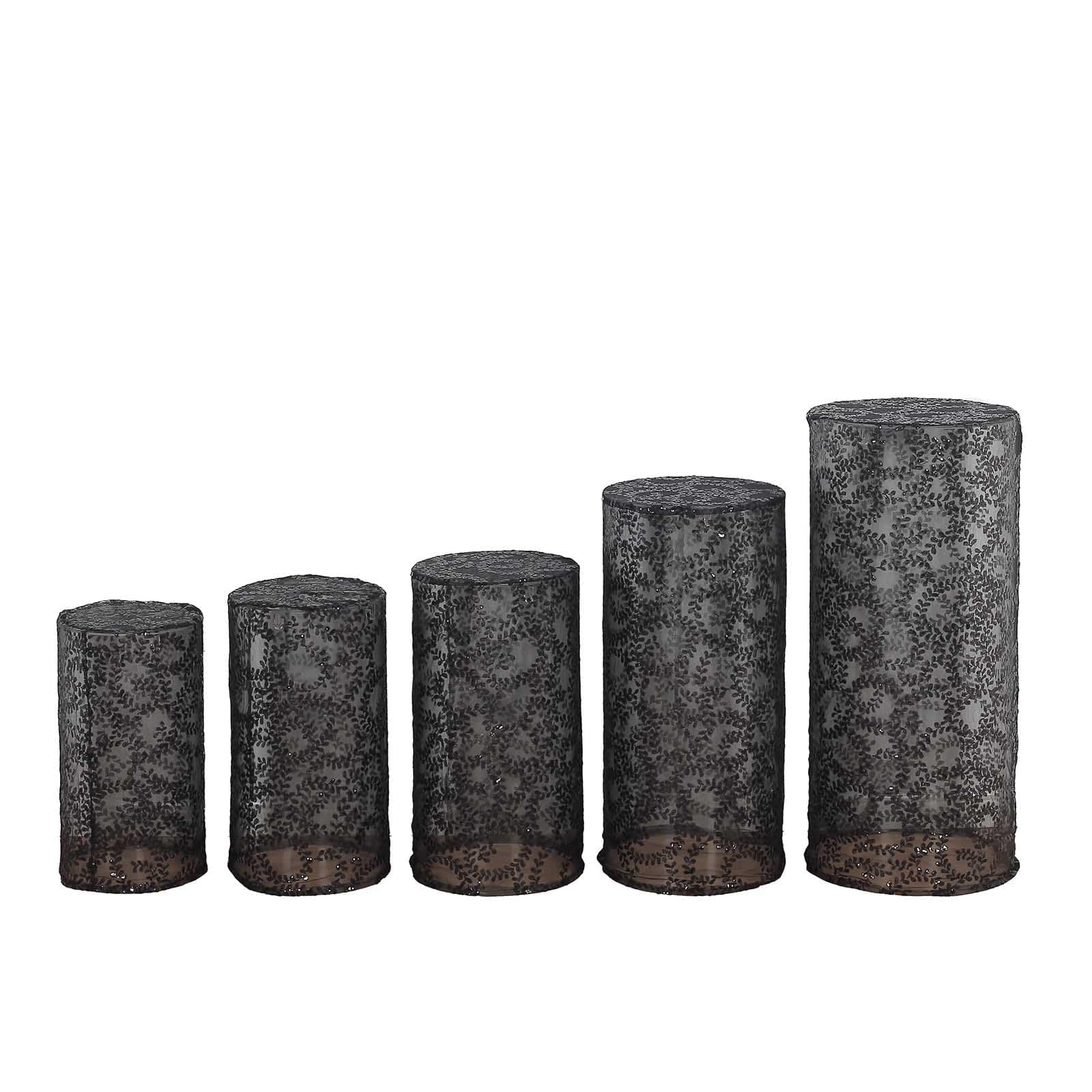 5 Sequin Mesh Cylinder Display Box Stand Covers with Leaf Vine Embroidery PROP_BOX_006_02_FLOR_BLK
