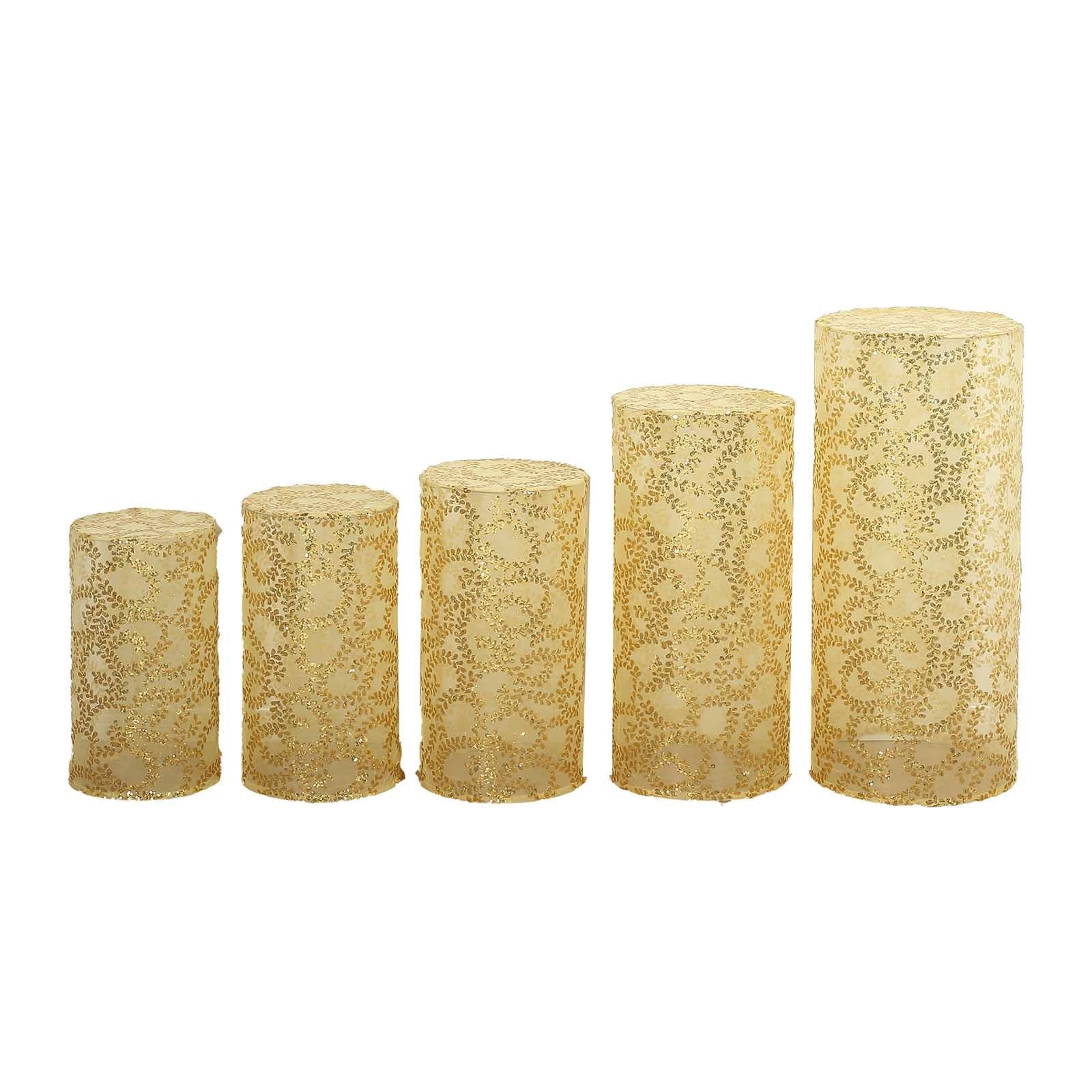 5 Sequin Mesh Cylinder Display Box Stand Covers with Leaf Vine Embroidery PROP_BOX_006_02_FLOR_GOLD