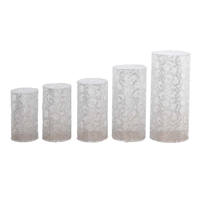 5 Sequin Mesh Cylinder Display Box Stand Covers with Leaf Vine Embroidery PROP_BOX_006_02_FLOR_SILV