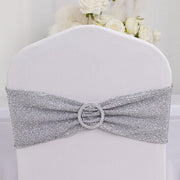 5 Shimmer Tinsel Spandex Chair Sashes with Silver Rhinestone Buckles