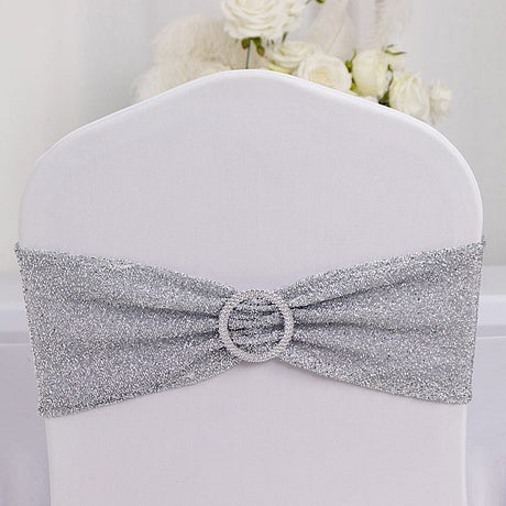 5 Shimmer Tinsel Spandex Chair Sashes with Silver Rhinestone Buckles