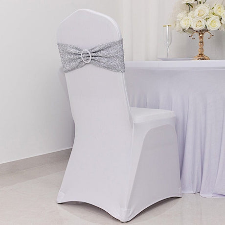 5 Shimmer Tinsel Spandex Chair Sashes with Silver Rhinestone Buckles