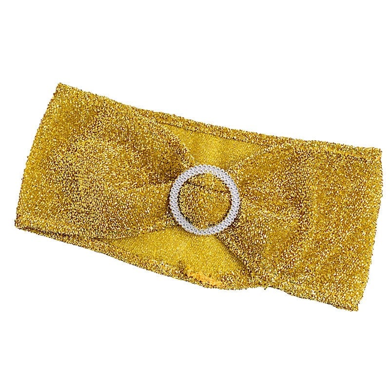 5 Shimmer Tinsel Spandex Chair Sashes with Silver Rhinestone Buckles SASH_2303_GOLD