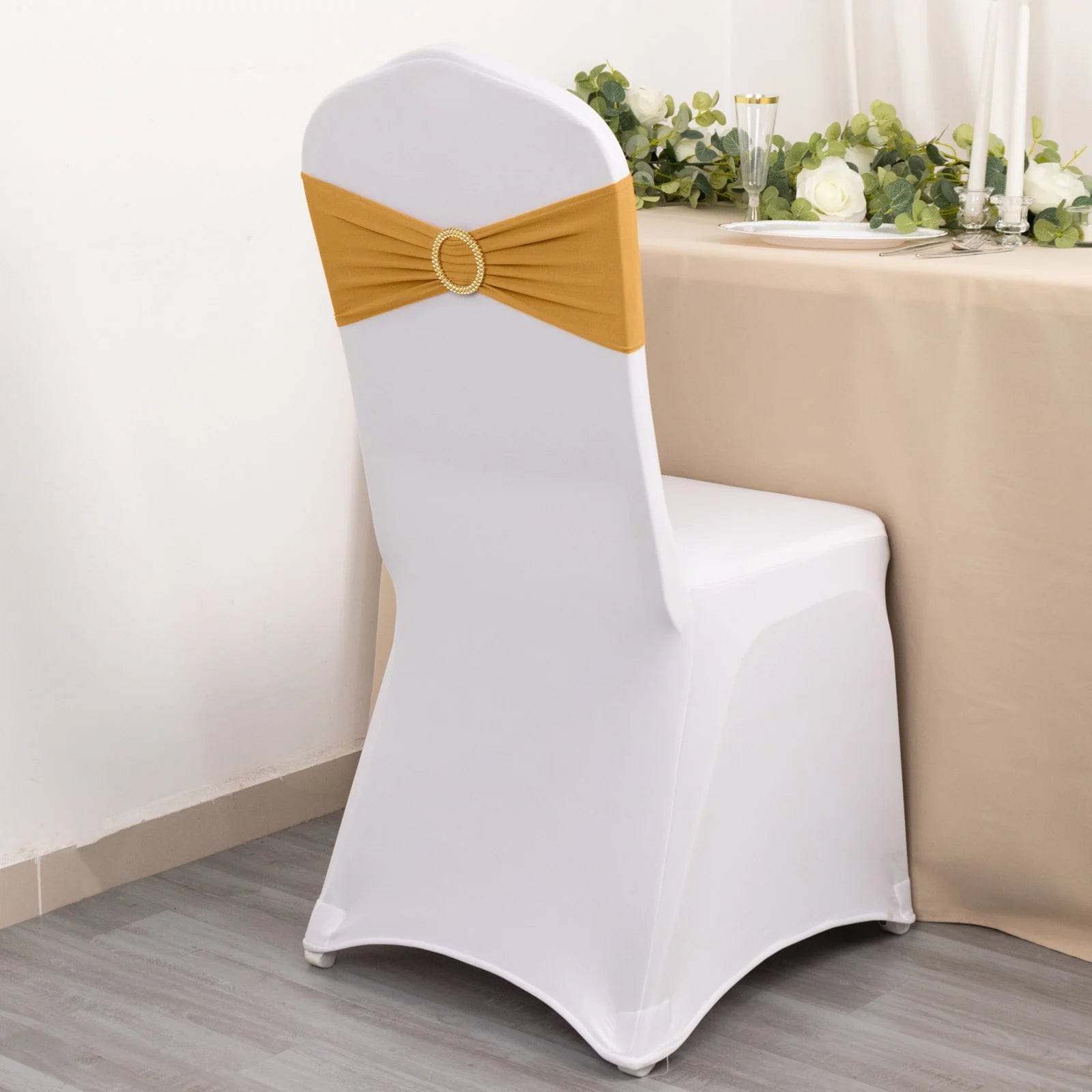 5 Spandex Chair Sashes with Gold Rhinestone Buckles