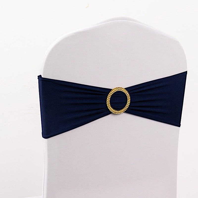 5 Spandex Chair Sashes with Gold Rhinestone Buckles SASH_SPX03G_NAVY