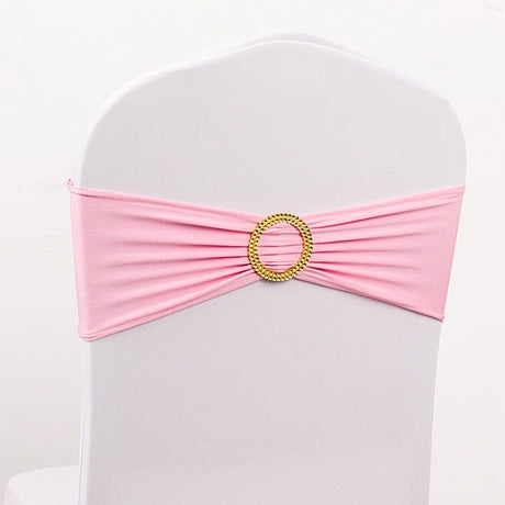 5 Spandex Chair Sashes with Gold Rhinestone Buckles SASH_SPX03G_PINK