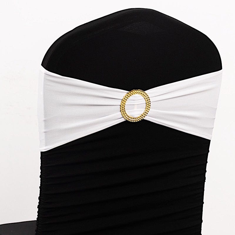 5 Spandex Chair Sashes with Gold Rhinestone Buckles SASH_SPX03G_WHT