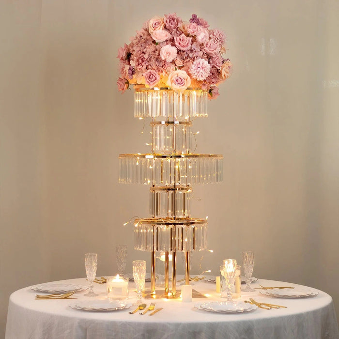 5-Tier 40" Metal Chandelier Floral Stand with Hanging Acrylic Crystals - Gold and Clear CHDLR_070_5T_GOLD