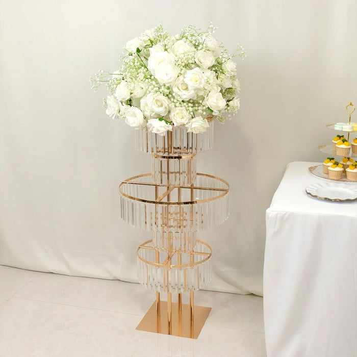 5-Tier 40" Metal Chandelier Floral Stand with Hanging Acrylic Crystals - Gold and Clear CHDLR_070_5T_GOLD