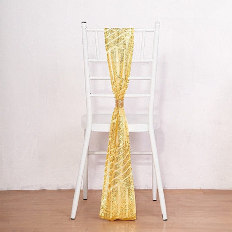 5 Tulle Chair Sashes with Sequins and Geometric Pattern SASH_02G_GOLD