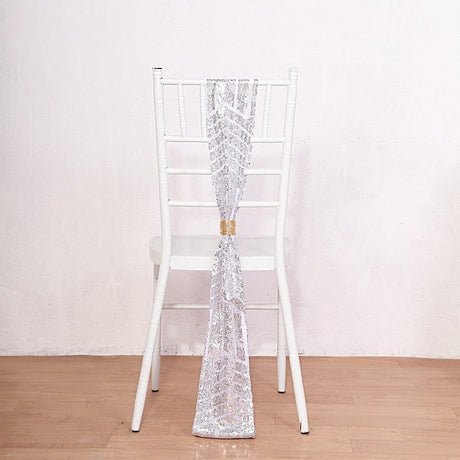 5 Tulle Chair Sashes with Sequins and Geometric Pattern SASH_02G_SILV
