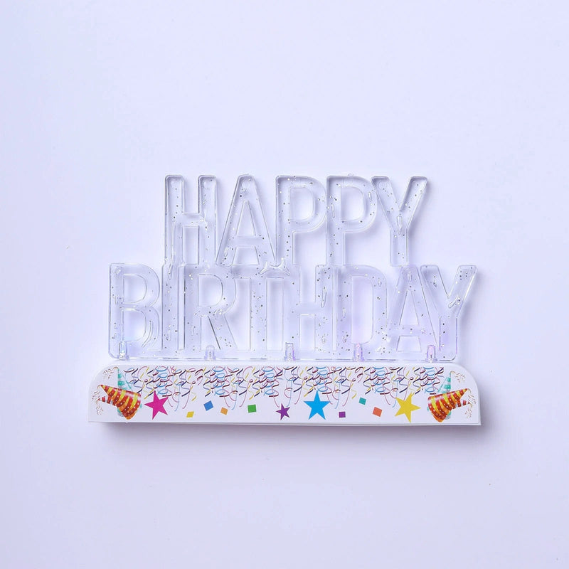 5" x 3" Acrylic Multicolor Flashing LED Happy Birthday Cake Topper - Clear WOD_METLTR07_BDAY_ASST