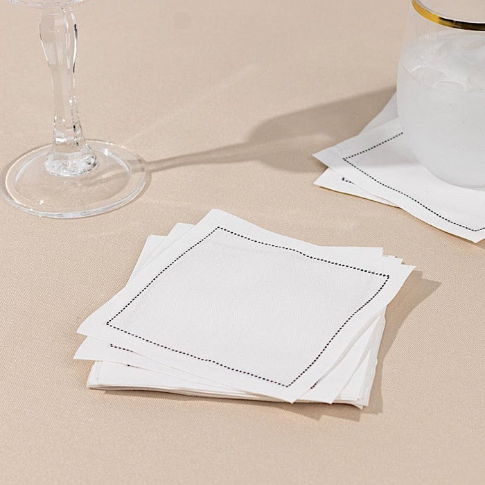 50 Cotton Cocktail Napkins with Black Hemstitched Border - White NAP_BEV_DSPLIN_4X4_WHT
