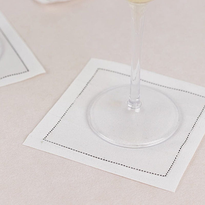 50 Cotton Cocktail Napkins with Black Hemstitched Border - White NAP_BEV_DSPLIN_4X4_WHT