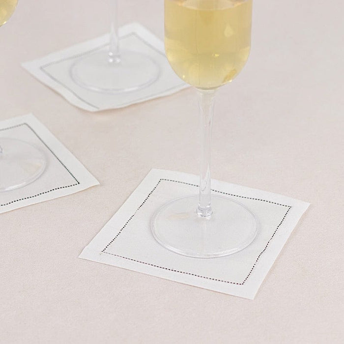 50 Cotton Cocktail Napkins with Black Hemstitched Border - White NAP_BEV_DSPLIN_4X4_WHT
