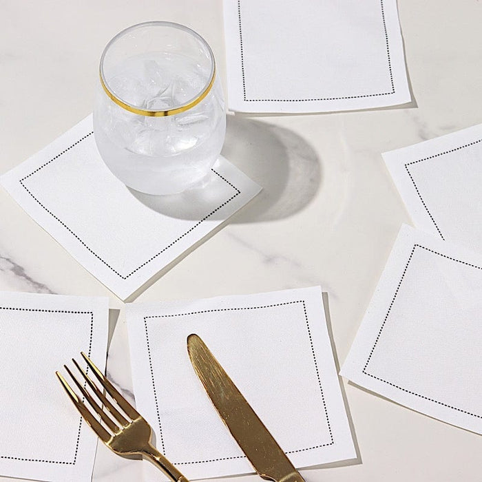 50 Cotton Cocktail Napkins with Black Hemstitched Border - White NAP_BEV_DSPLIN_4X4_WHT