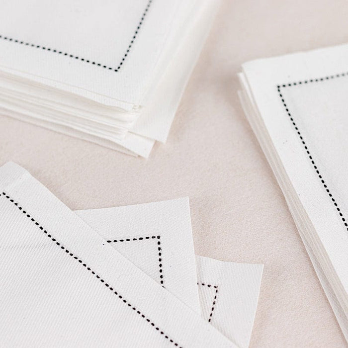 50 Cotton Cocktail Napkins with Black Hemstitched Border - White NAP_BEV_DSPLIN_4X4_WHT