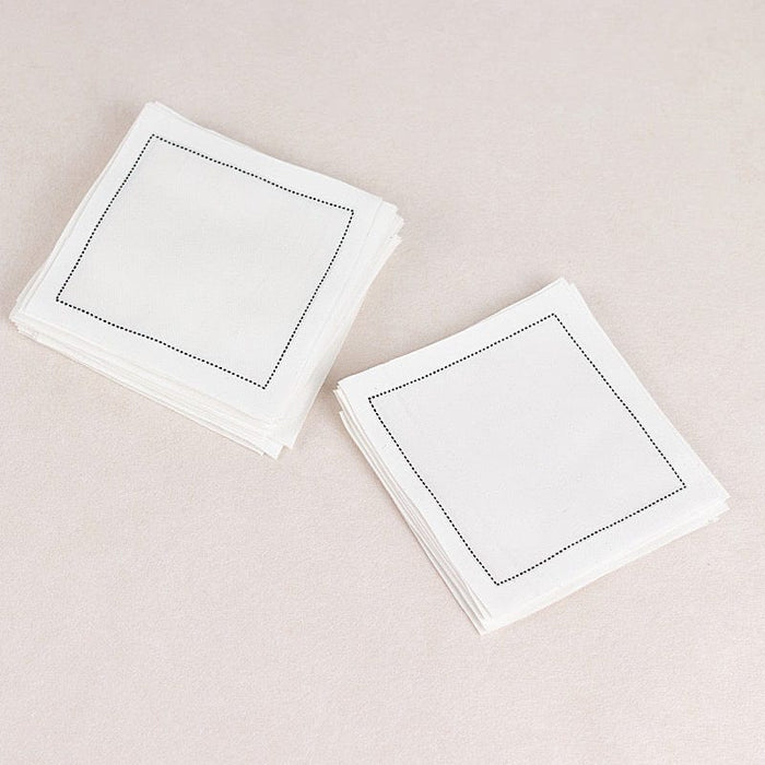 50 Cotton Cocktail Napkins with Black Hemstitched Border - White NAP_BEV_DSPLIN_4X4_WHT