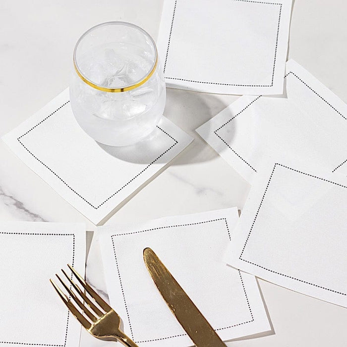 50 Cotton Cocktail Napkins with Black Hemstitched Border - White NAP_BEV_DSPLIN_4X4_WHT