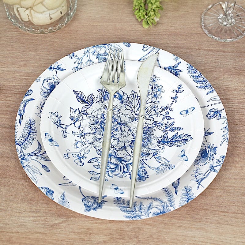 50 Dessert and Dinner Plates - White with Blue French Toile Pattern DSP_PPR0033_SET_BLUE