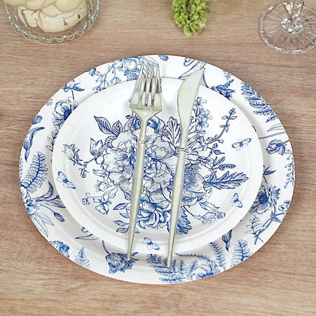 50 Dessert and Dinner Plates - White with Blue French Toile Pattern DSP_PPR0033_SET_BLUE