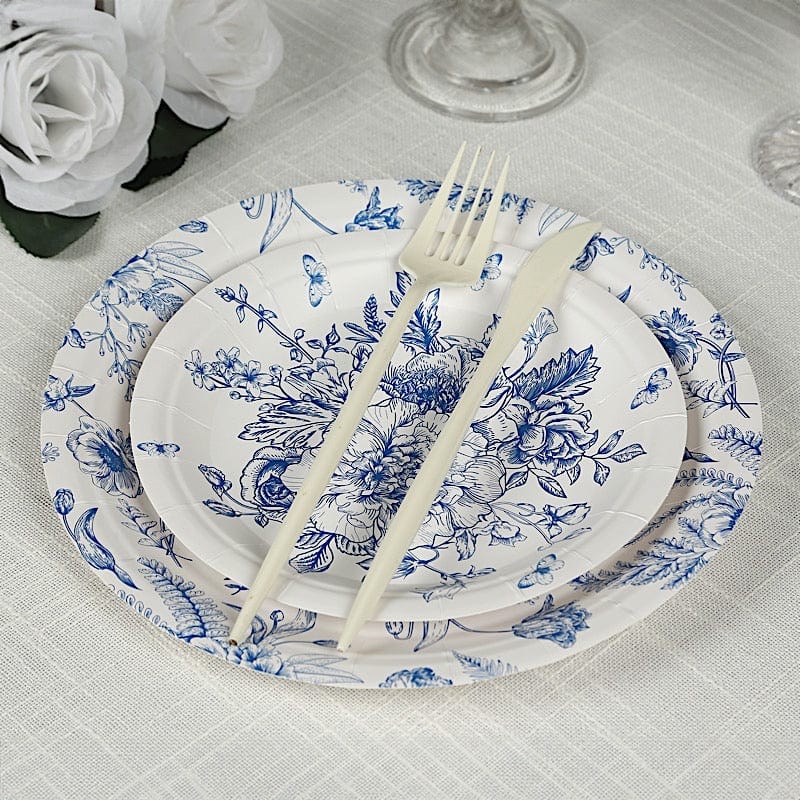 50 Dessert and Dinner Plates - White with Blue French Toile Pattern DSP_PPR0033_SET_BLUE