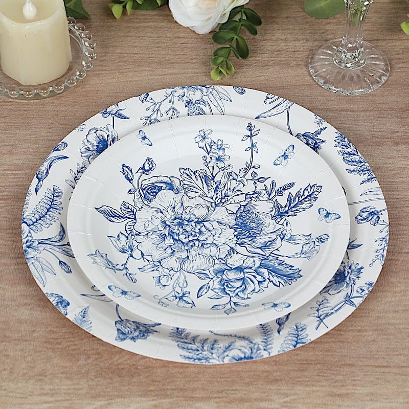 50 Dessert and Dinner Plates - White with Blue French Toile Pattern DSP_PPR0033_SET_BLUE
