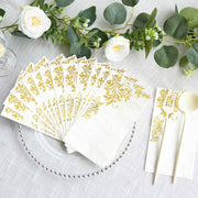 50 Dinner Paper Napkins with Baroque Floral Print - White and Gold NAP_DIN3_FLOR008_WHGD