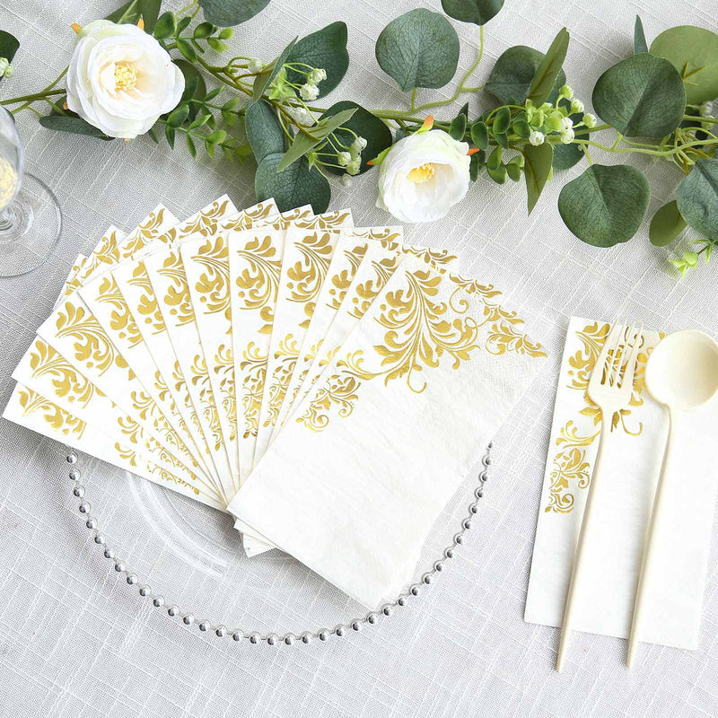 50 Dinner Paper Napkins with Baroque Floral Print - White and Gold NAP_DIN3_FLOR008_WHGD