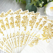 50 Dinner Paper Napkins with Baroque Floral Print - White and Gold NAP_DIN3_FLOR008_WHGD
