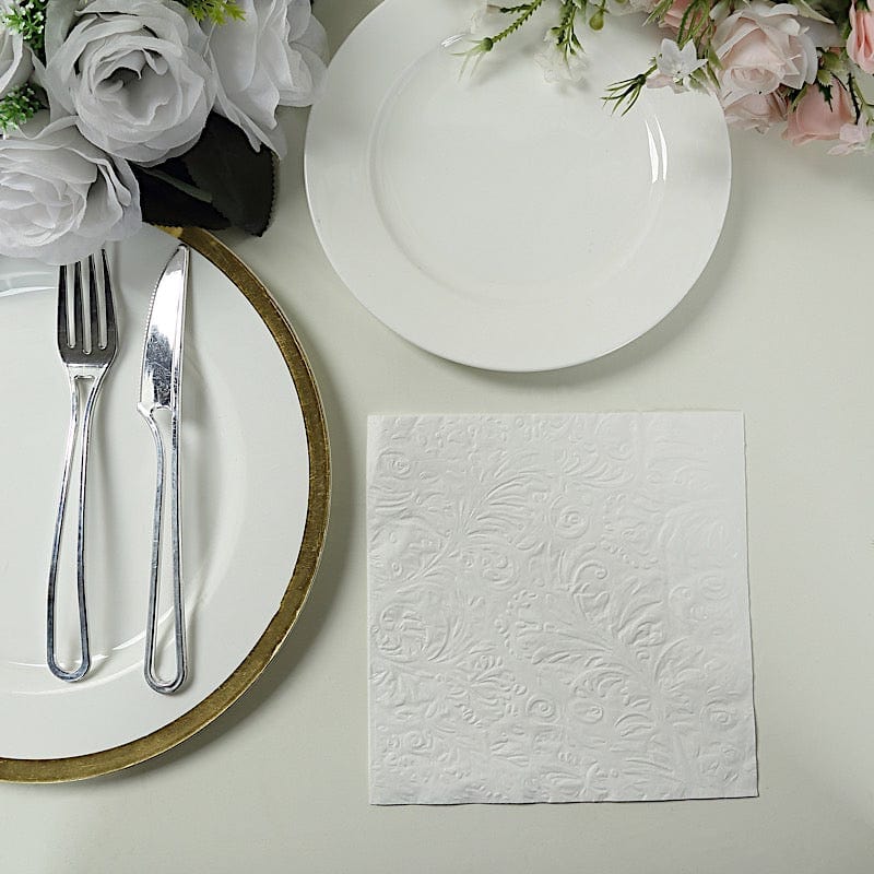 50 Embossed Paper Cocktail Napkins with French Swirl Pattern - White NAP_BEV_EMB01_6_WHT