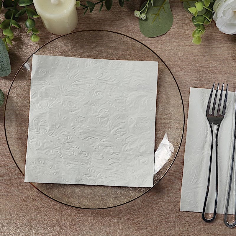 50 Embossed Paper Cocktail Napkins with French Swirl Pattern - White NAP_BEV_EMB01_6_WHT