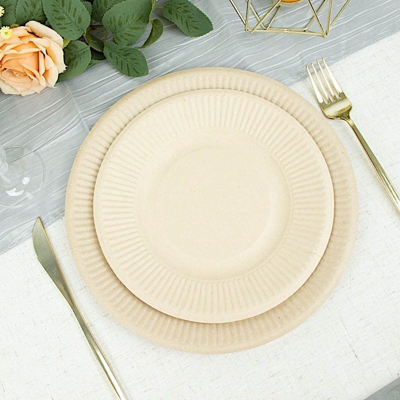 50 Natural Bagasse Round Dessert Plates - Disposable Tableware