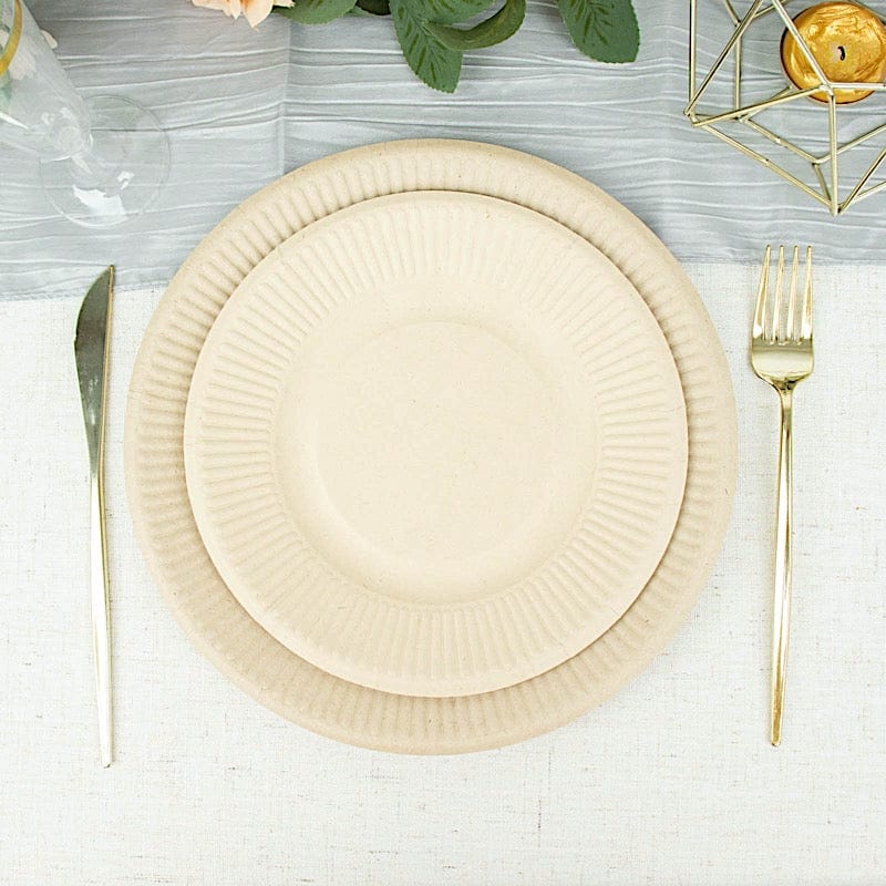 50 Natural Bagasse Round Dessert Plates - Disposable Tableware