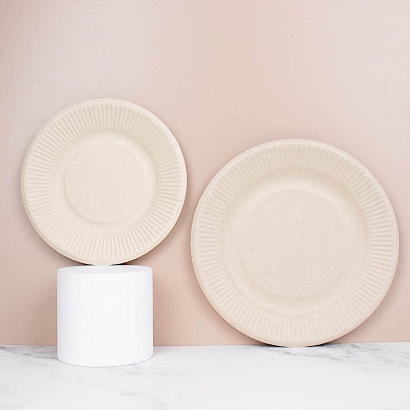 50 Natural Bagasse Round Dessert Plates - Disposable Tableware