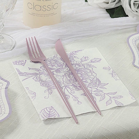 50 Paper Cocktail Napkins 2-Ply with Matte French Toile Floral Pattern - White