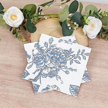 50 Paper Cocktail Napkins 2-Ply with Matte French Toile Floral Pattern - White
