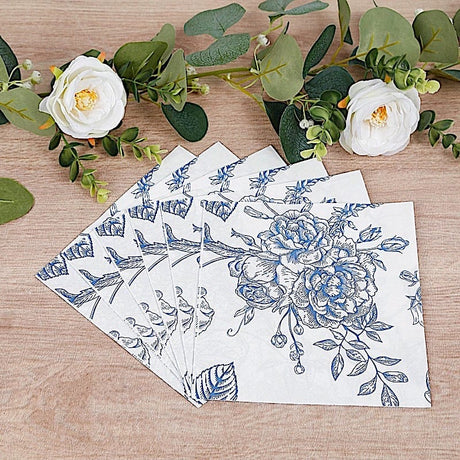 50 Paper Cocktail Napkins 2-Ply with Matte French Toile Floral Pattern - White