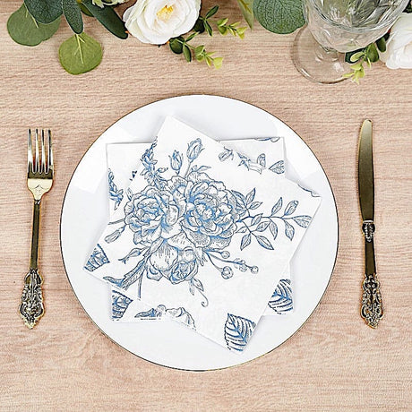 50 Paper Cocktail Napkins 2-Ply with Matte French Toile Floral Pattern - White