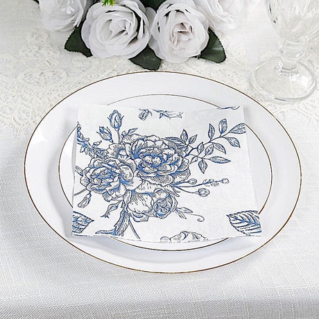 50 Paper Cocktail Napkins 2-Ply with Matte French Toile Floral Pattern - White